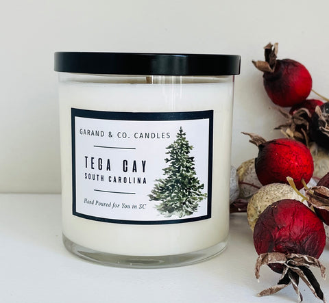 12 oz Clear Glass Jar Candle -  Tega Cay, SC Holiday Tree Black and Green