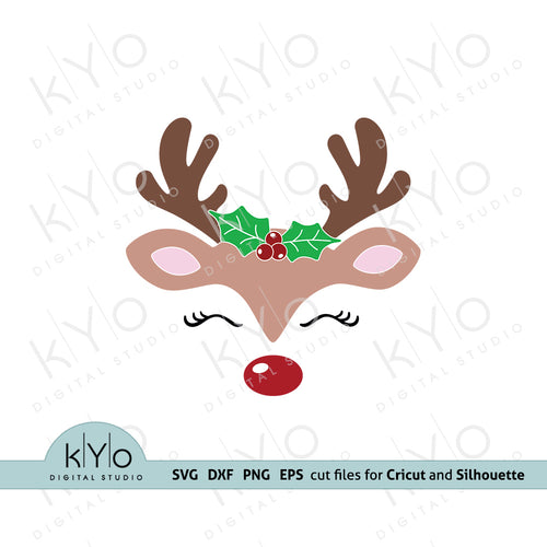 Reindeer face with Holly svg Girl reindeer svg Eyelashes svg Cute