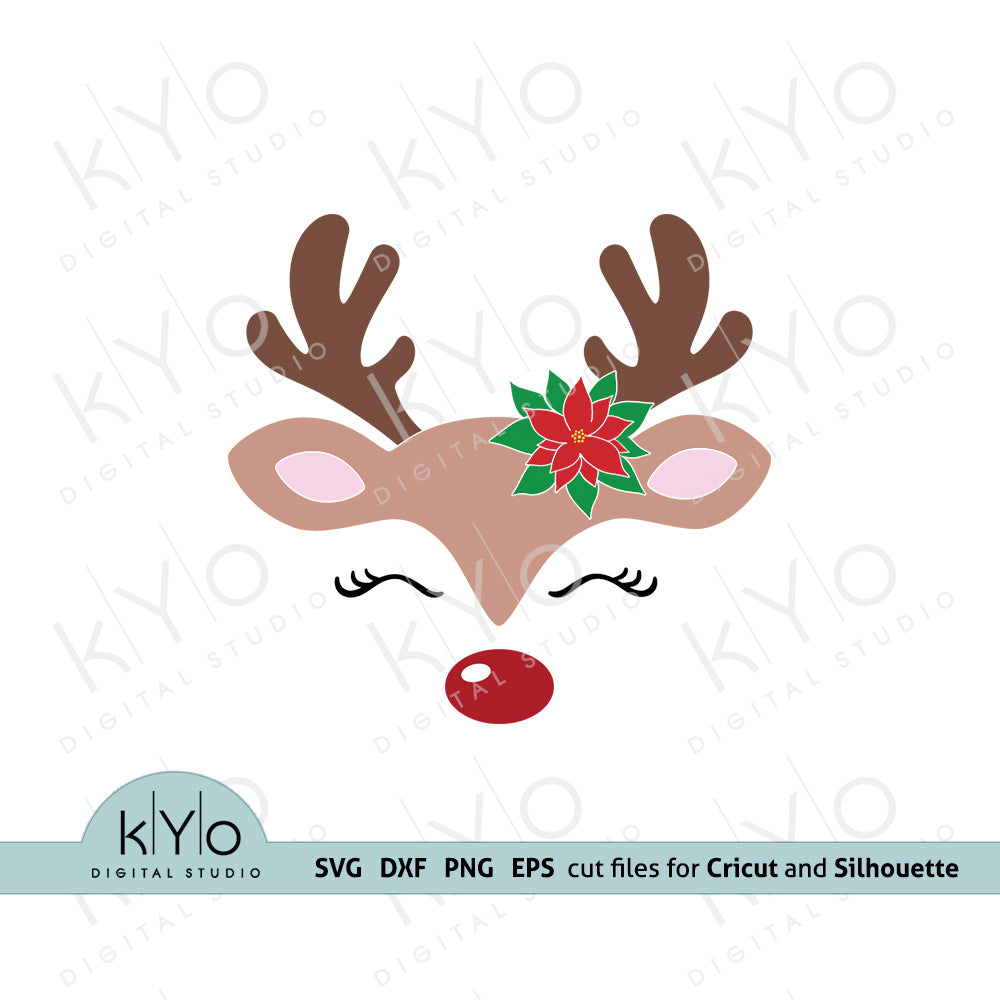 Christmas Reindeer face with Poinsettia SVG files | kYoDigitalStudio.com