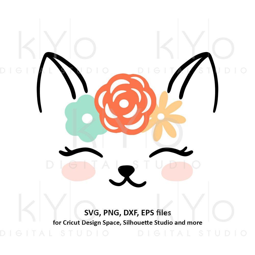 Cute Cat face with flower wreath svg png dxf files Cat svg Eye lashes - kYo Digital Studio