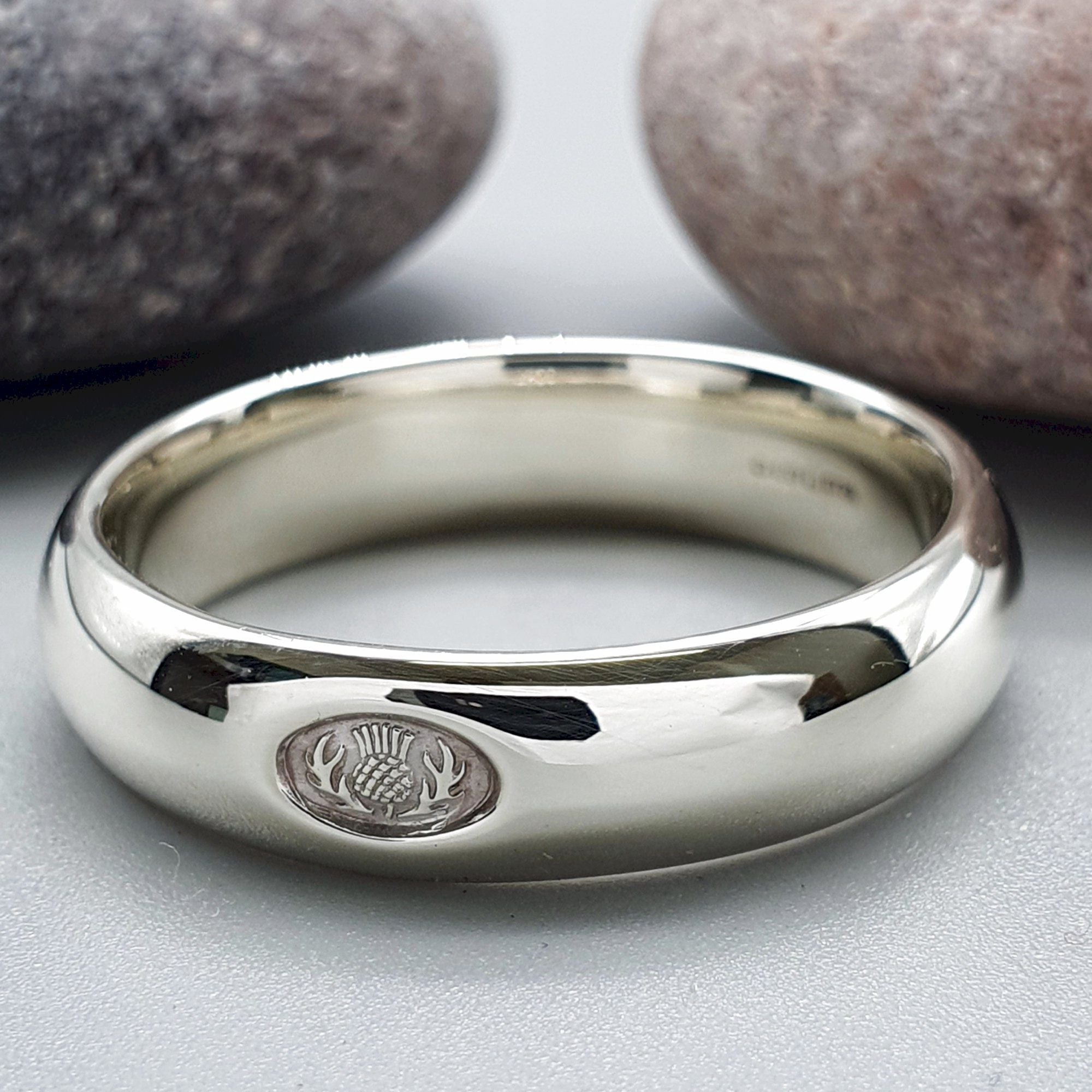 Silver wedding ring 5mm to 6mm Scottish Thistle medium court band ...