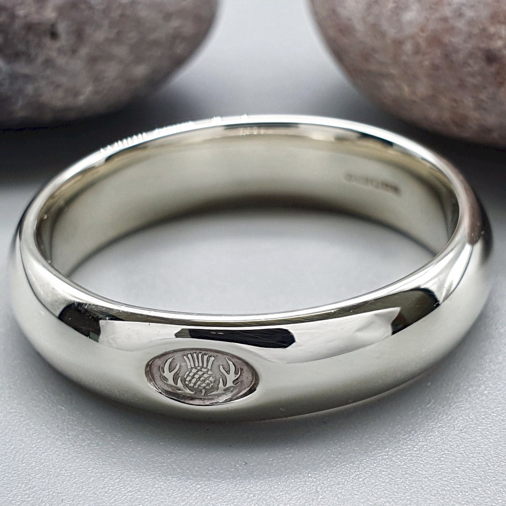 Wedding ring 5mm to 6mm Scottish Thistle white gold medium band ...