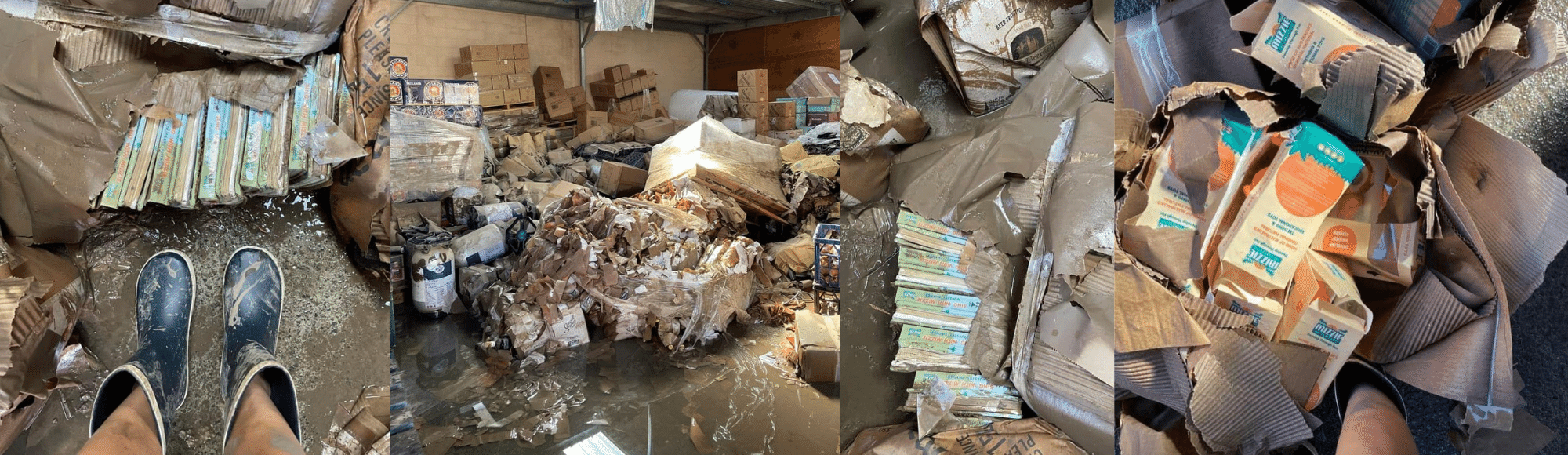This photo shows the impact of the 2022 Brisbane floods on the Mizzie Warehouse. There is water on the floor, lots of mud and damaged pallets of paper based stock. The roof has fallen in, and there is a general state of chaos.