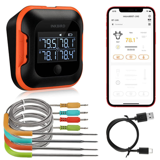 Inkbird Bluetooth Grill BBQ Meat Thermometer with 4 Probes Digital Wireless Grill  Thermometer, IBT-4XS, Timer, Alarm,150 ft Barbecue Cooking Kitchen Food  Meat Thermometer for Smoker, Oven, Drum 