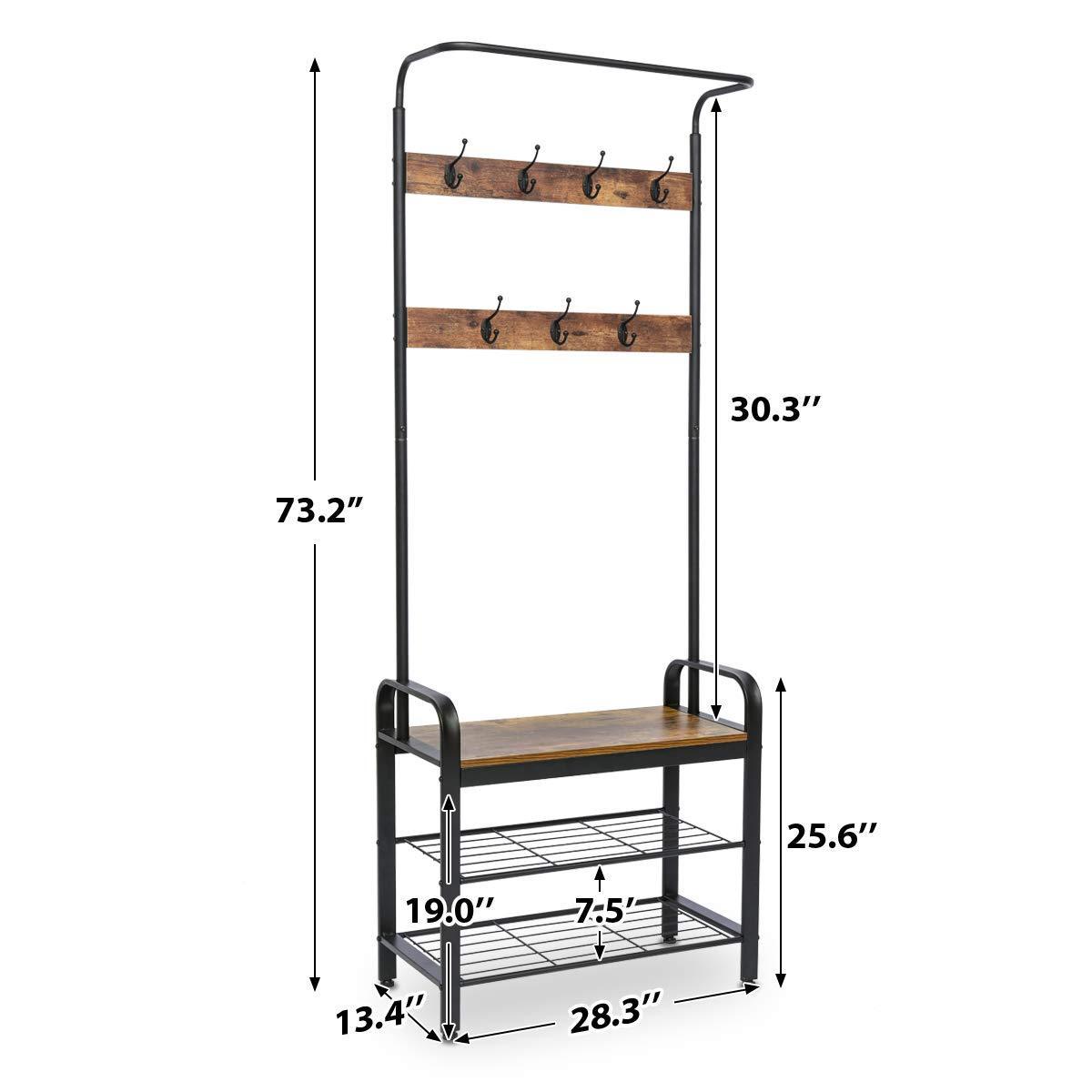 Wood Look Accent Furniture With Stable Metal Frame Easy Assembly Hall Tree Entryway Coat Shoe Rack 3 Tier Shoe Bench 7 Hooks Kingso Industrial Coat Rack Coat Racks