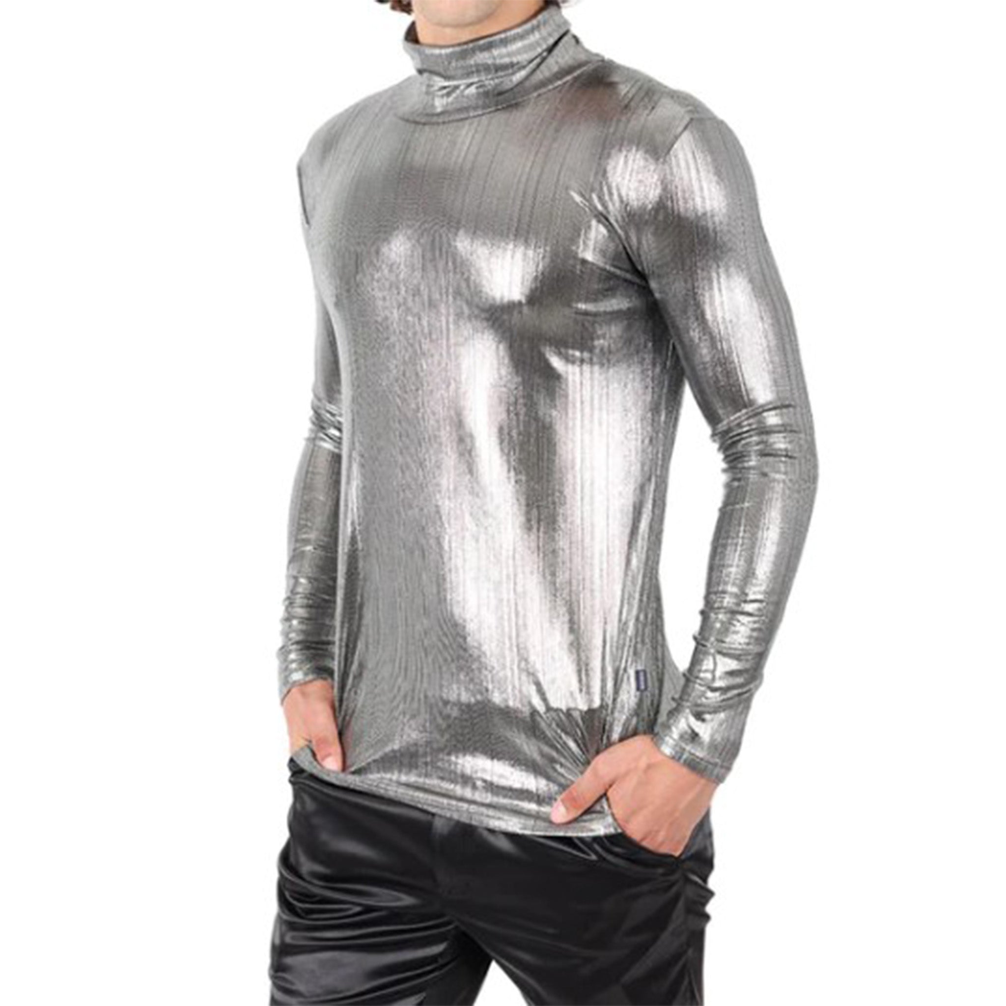 Silver Metallic Turtle Neck Shirt | D&K SUIT DISCOUNTERS