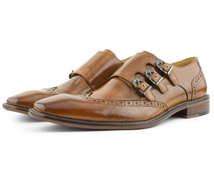 Cognac Triple Monk Strap Dress Shoes | D&K SUIT DISCOUNTERS
