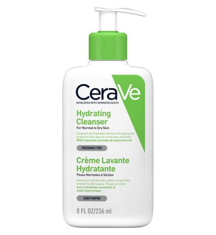 White and green bottle of Cerave cleanser