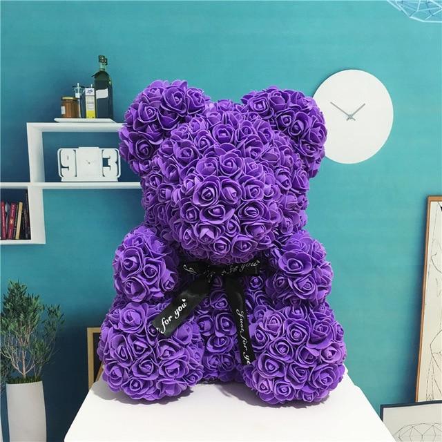 purple rose bear with box