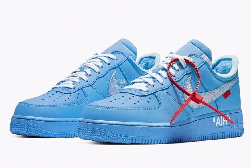 white and sky blue air force ones