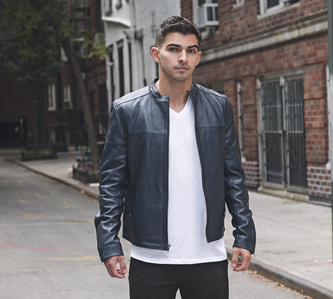 Man in Leather Jacket over TShirt and Jeans