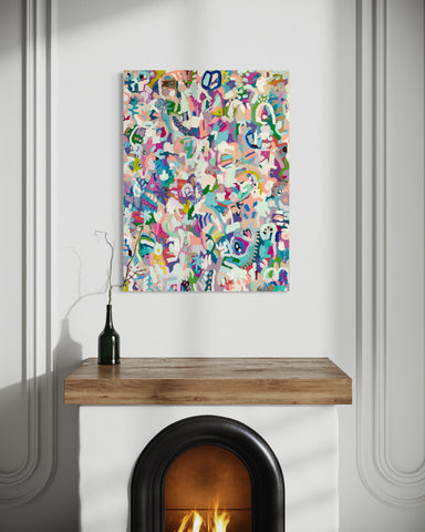 large colorful acrylic abstract painting hangs over mid century modern fireplace. minimalist design and decor