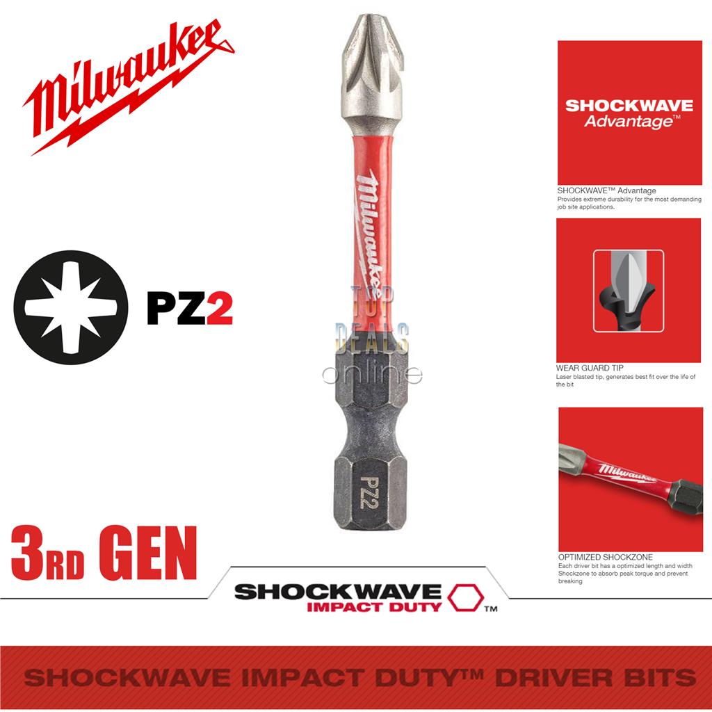 Milwaukee PH2 25mm Screwdriver Bit x2 Shockwave Impact Duty Bit