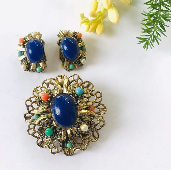 1960s costume jewelry brooch and earring blue cabochon set