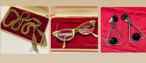 Vintage Jewerly and 1950s cats eye glasses from Devil's Details Boutique in Austin, Texas