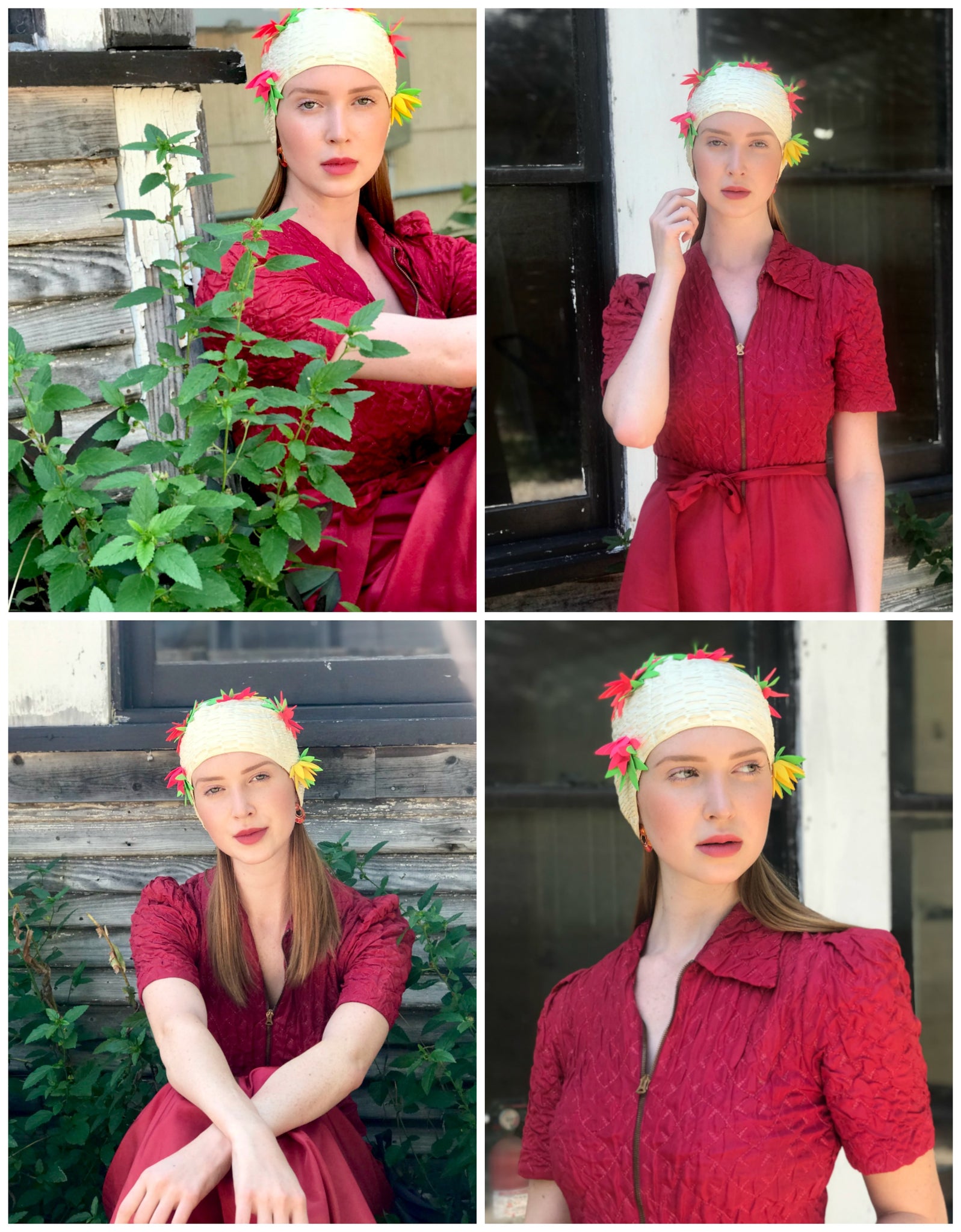 1930s raspberry pink dressing gown and 1960s vintage swim cap