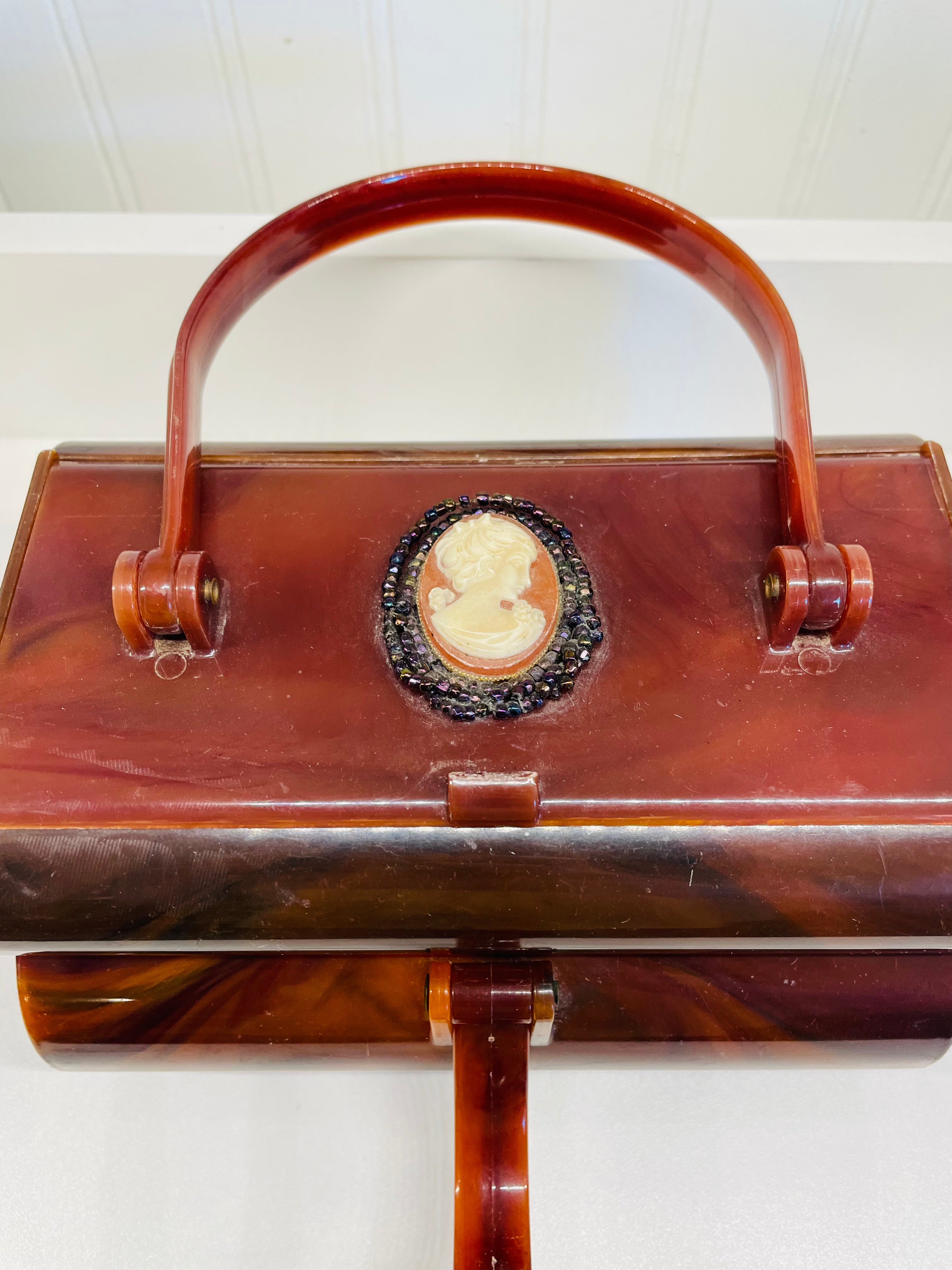Brown Lucite Double Compartment Cameo Purse Devil s Details