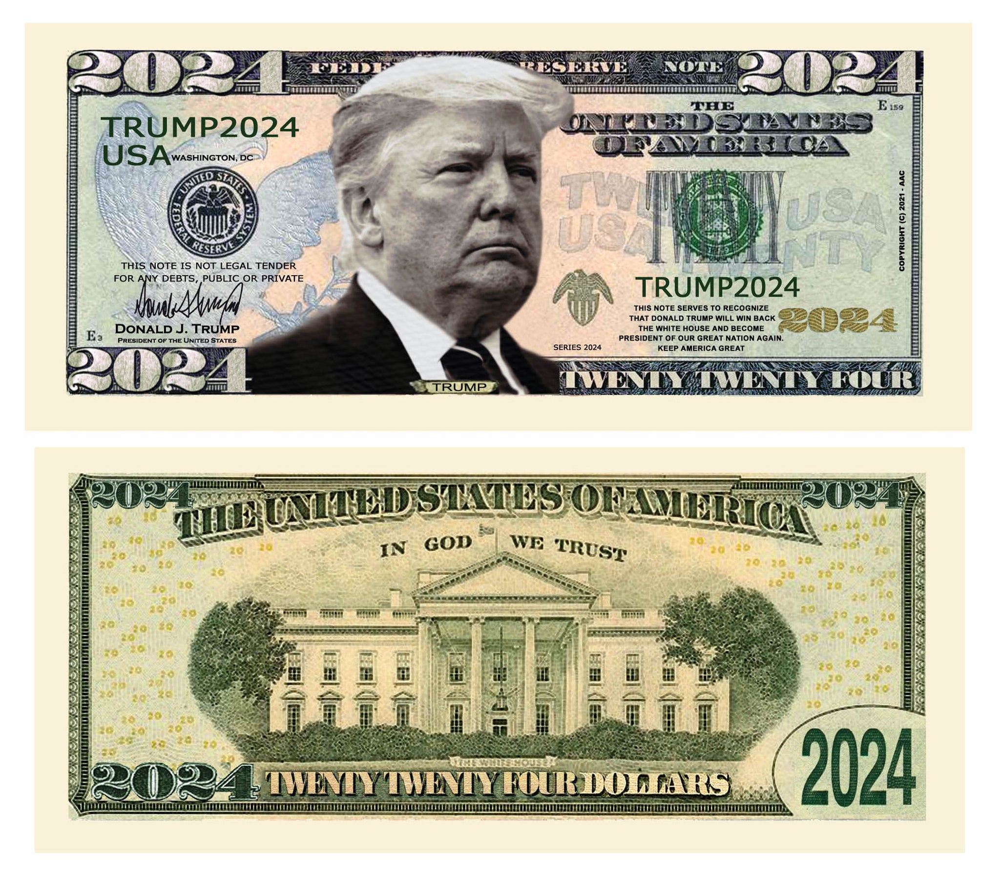 Donald Trump 2024 ReElection Dollar Bill with Currency Holder Trump Mug