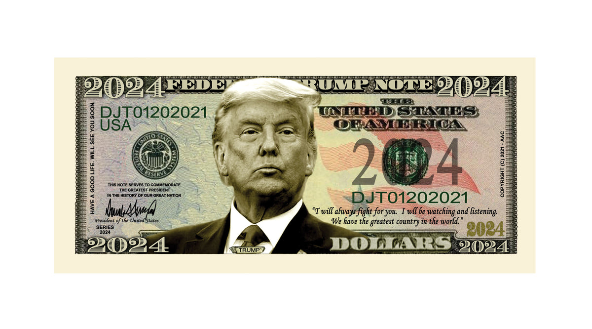 Donald Trump 2024 President Dollar Bill with Currency Holder Trump Mug