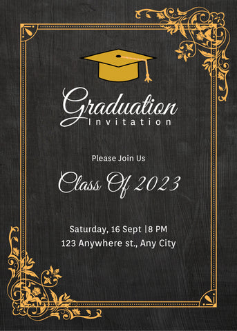 invitación de graduación estilo clásico de colores negro y dorado
