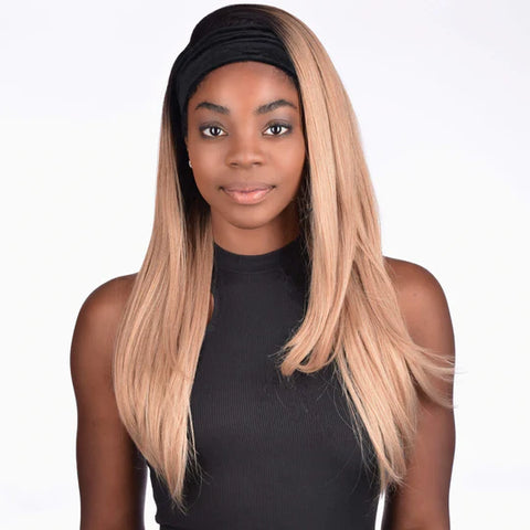 Model wears Maya Wig in blonde caramel shade with dark root and Hair Band attached to wig