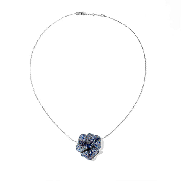 Blue Sapphire Gemstone Necklace with Flower design in 18K White