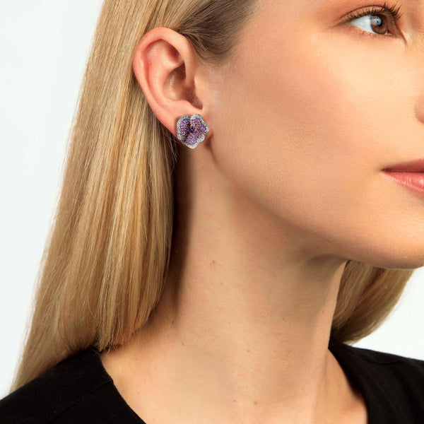 Buy Silver Plated Stone Amethyst Aura Embellished Stud Earrings by Nayaab  by Sonia Online at Aza Fashions.