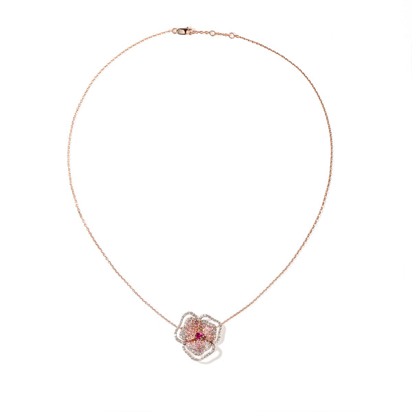Bloom Medium Flower Dark Pink Sapphire Necklace in Rose Gold