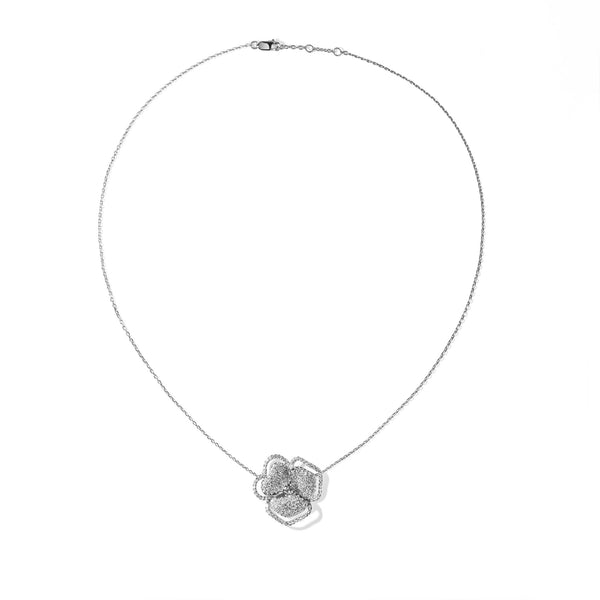 Bloom Small Line Flower Halo White Diamond Necklace in White Gold