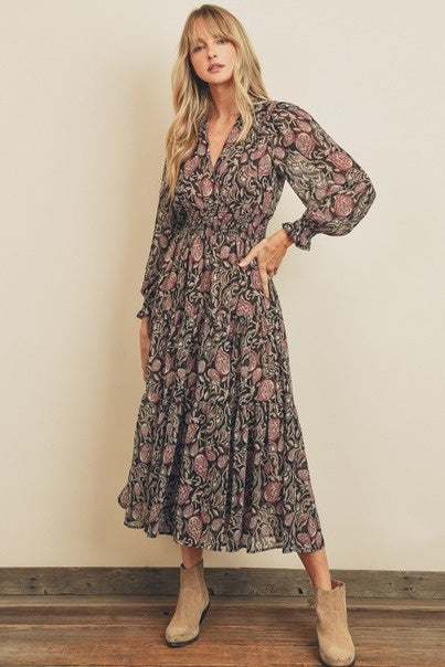 long sleeve paisley dress