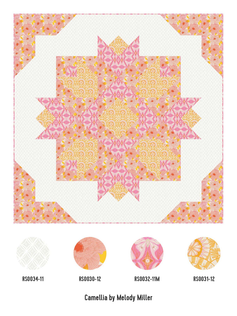 Camellia fabric on first bloom quilt pattern