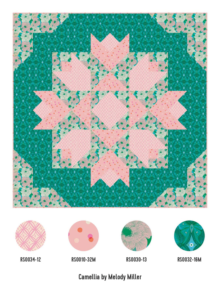 Camellia fabric on first bloom quilt pattern