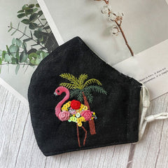 Flamingo Bird Flower Embroidery Linen Mask