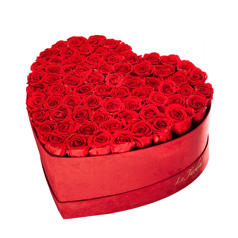 70-80 Red Preserved Roses in A Heart Shaped Box- Large Heart Luxury Red Suede Box (Custom)