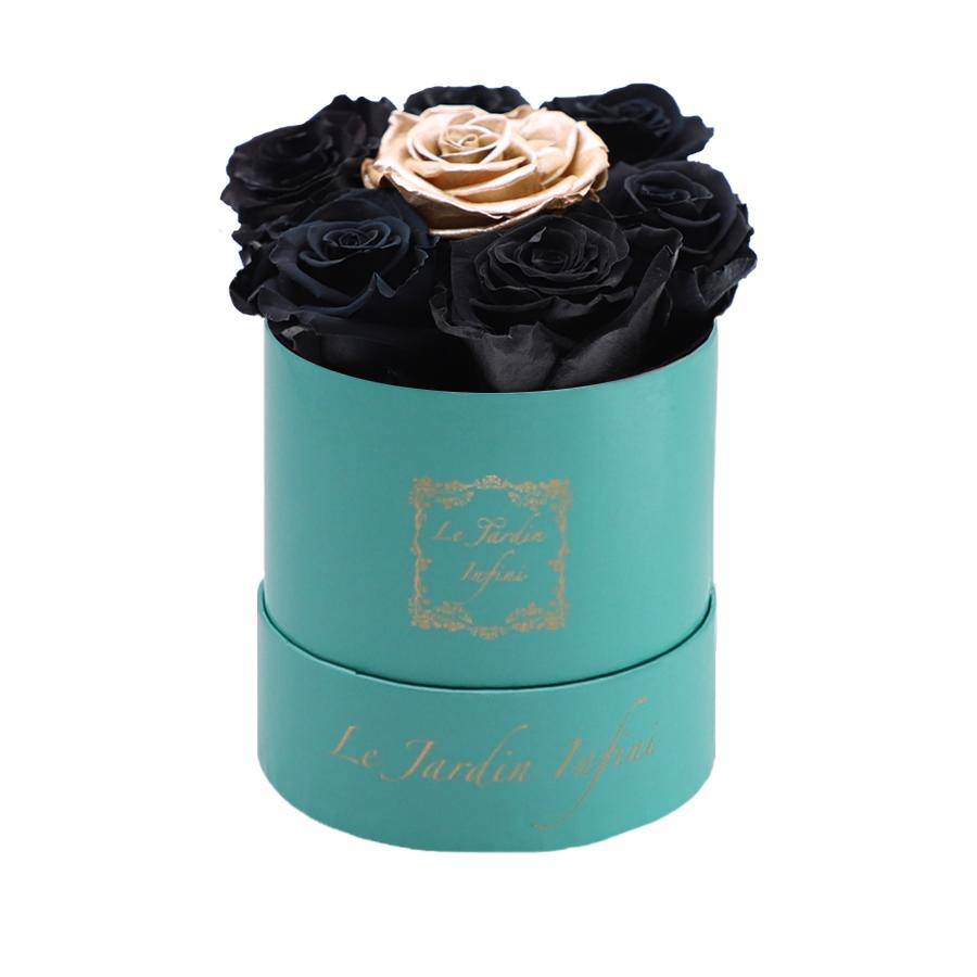 7 Black & Rose Gold Dot Preserved Roses - Luxury Round Shiny Turquoise Box