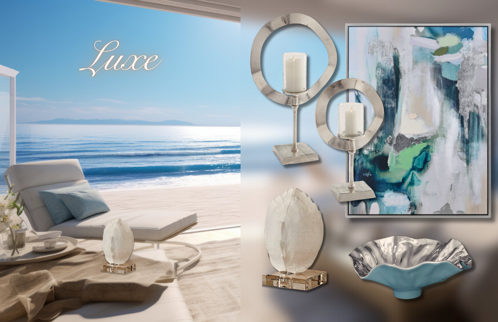 The first version of the Summer Luxe collection includes the following items: One seat of two silver candle holders  Lg 25" H Sm 19" H, one White resin Turtle shell on clear crystal base, one Polished aluminum bowl, one Abstract Framed Wall Art, 35.5" W x 1.5" D x 47.25" H