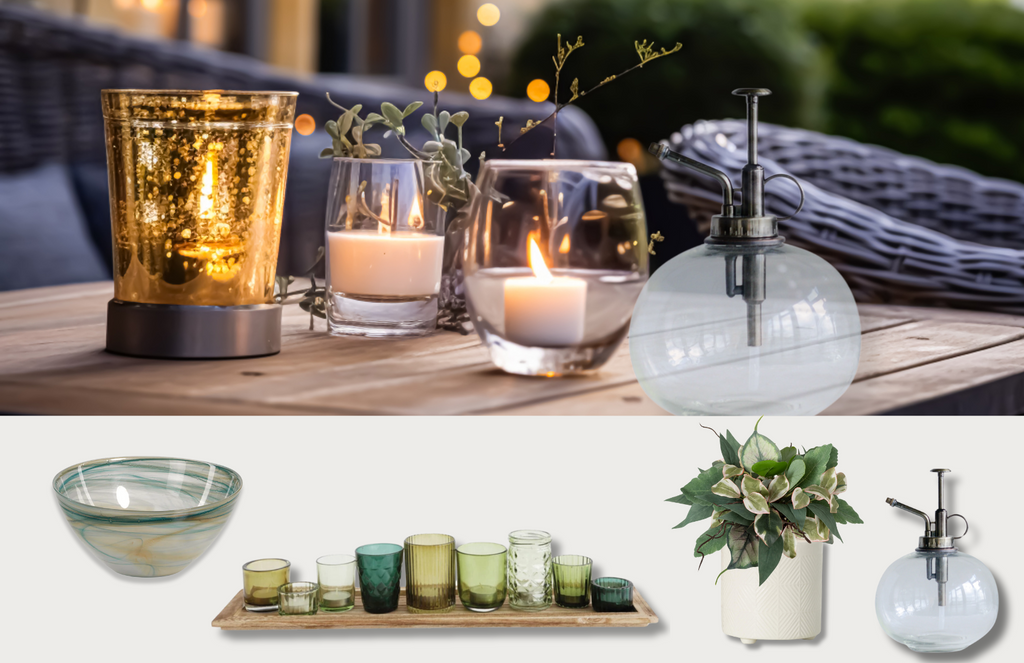 The second version of the summer modern farmhouse collection includes the following items: one glass alabaster bowl, one set of 9 votive holders with a wood tray, one ceramic planter, one faux floral half orb, one glass plant mister