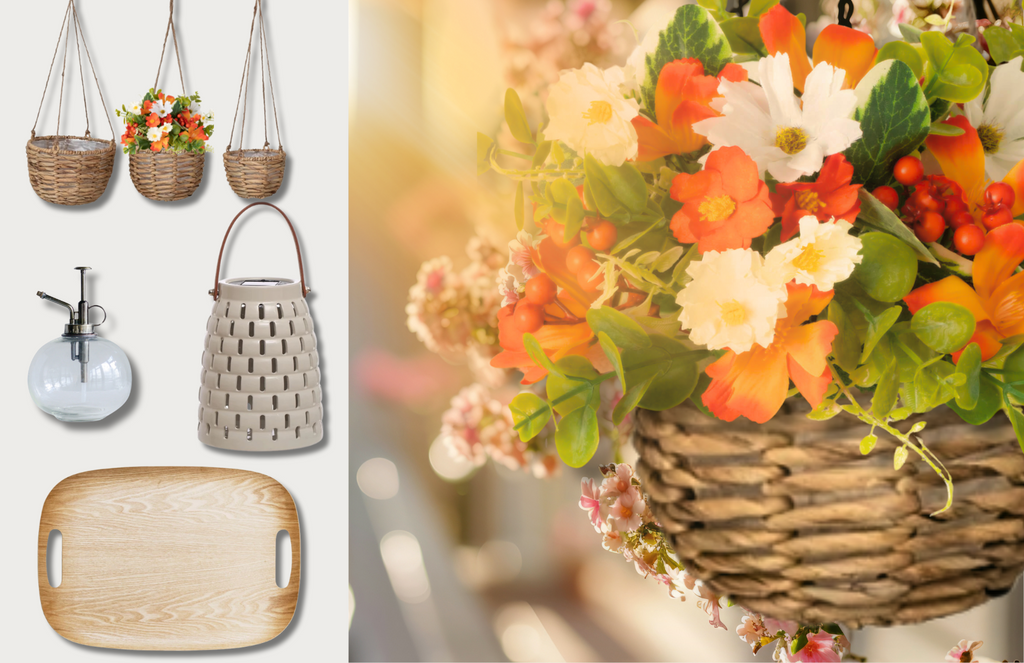 the third version of the summer modern farmhouse collection includes the following items: One oak wood tray, one ceramic solar powered lantern, one glass mister, a set of three hyacinth hanging planters with a jute rope, one faux floral half orb