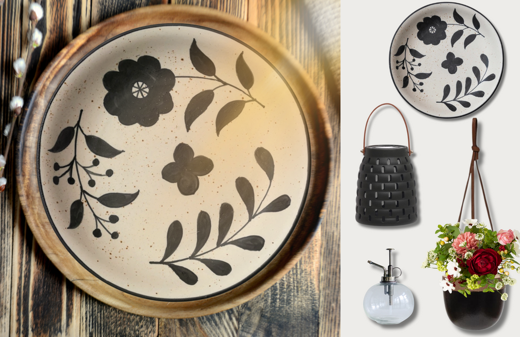 The forth and last version of the summer modern farmhouse collection includes the following items: One stoneware hand painted bow (dishwasher, microwave, and oven safe), one ceramic solar powered lantern, one Terri cotta hanging planter, one faux floral half orb, one glass plant mister