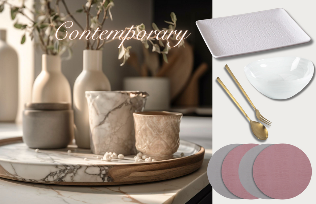 The first version of the Summer Contemporary collection includes the following items: One set of four faux snakeskin round reversible placemats (Pink and Grey), One white glass alabaster bowl, one set of salad sever ware, one White luxury melamine tray with a crocodile pattern