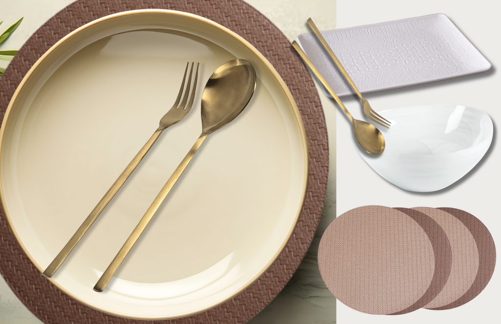 The second version of the Summer Contemporary collection includes the following items: One set of four faux snakeskin round reversible placemats (Bronze and Gold), One white glass alabaster bowl, one set of salad sever ware, one White luxury melamine tray with a crocodile pattern