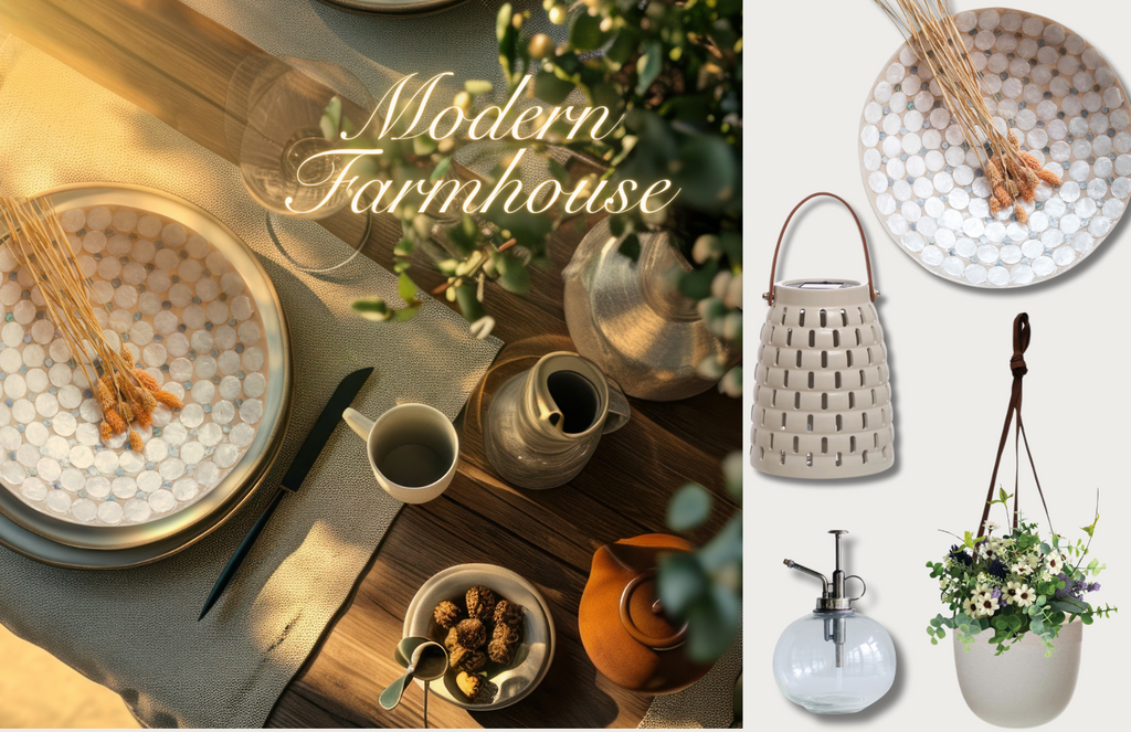 The first version of Summer modern farmhouse includes the following: one solar powered lantern, one resin and Capiz bowl, one glass plant mister, one terri cotta hanging planter, and one faux floral half orb