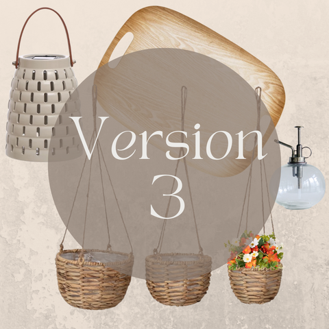 Curated Modern Farmhouse Summer Collection version 3. This box includes three hanging hyacinths planters, one faux floral half orb, one glass plant mister, one 17inch oak wood tray, one solar powered lantern