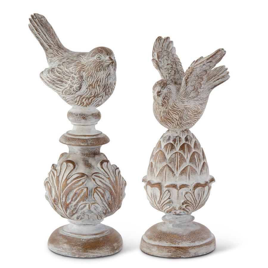 Image of Whitewashed Carved Resin Bird Finials - Set of 2