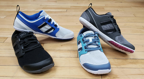 Four Xero Zelen barefoot athletic shoes displaying the various colourways