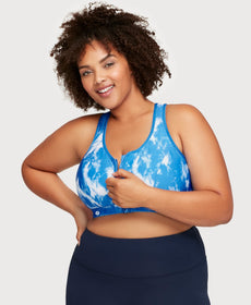 Zip Up Front-Closure Sports Bra Blue Tie-Dye