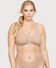 Leading Lady The Indy - Cotton Front-Closure Lace Racerback Bra in Sand,  Size: 46AB