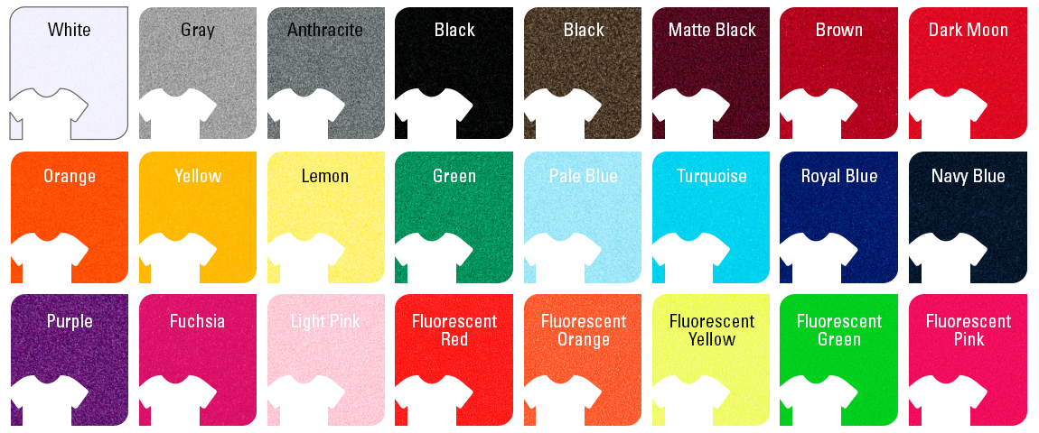 Siser StripFlock Pro Heat Transfer Vinyl Color Chart: White, Gray, Anthracite, Black, Brown, Burgundy, Red, Bright Red, Orange, Yellow, Lemon, Green, Pale Blue, Turquoise, Royal Blue, Navy Blue, Purple, Fuchsia, Light Pink