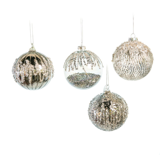 4" GREY & SILVER GLASS DECORATIVE BALL ORNAMENTS ASSORTED SET OF 12
