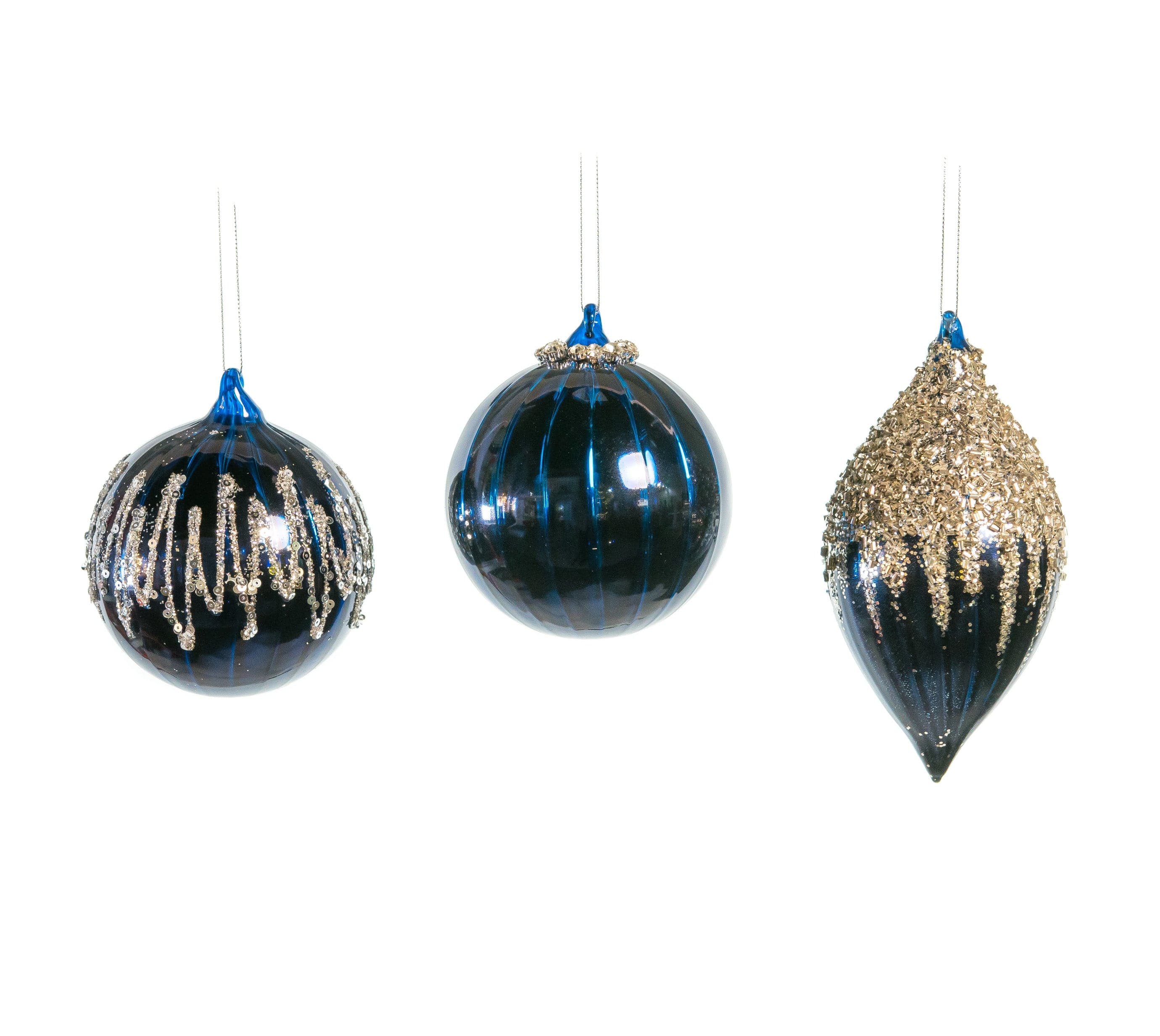 Image of 4" NIGHT BLUE SHINY GLASS DECORATIVE ORNAMENTS ASSORTED SET OF 12